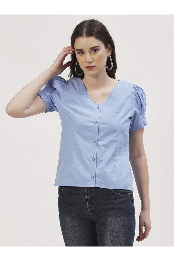 Women's Solid Cotton Poplin Short Puffed Sleeves Blouse Buttoned Closure V Neck Lightweighted Casual Summer Wear Waist Length Regular Top