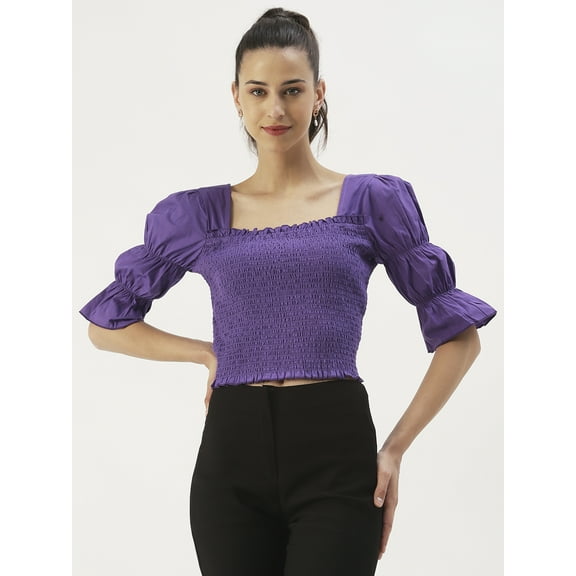 DressBerry Women's Solid Cotton Poplin Square Neck Ruffled Border Crop Top Flared Puff Sleeves Smocked Hem Casual Summer Wear High Waist Regular Blouse
