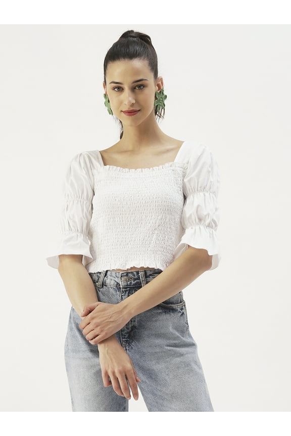 Women's Solid Cotton Poplin Square Neck Ruffled Border Crop Top Flared Puff Sleeves Smocked Hem Casual Summer Wear High Waist Regular Blouse