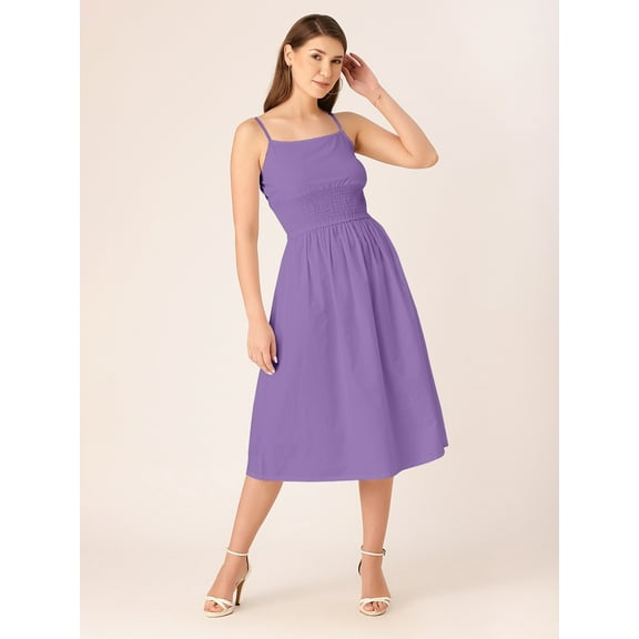 DressBerry Women's Solid Cotton Poplin Strap Shoulders Dress Sleeveless Calf Length Smocked Front Flared Hem Casual Summer Wear Midi Length Light Weighted Wavy Party Wear Dress
