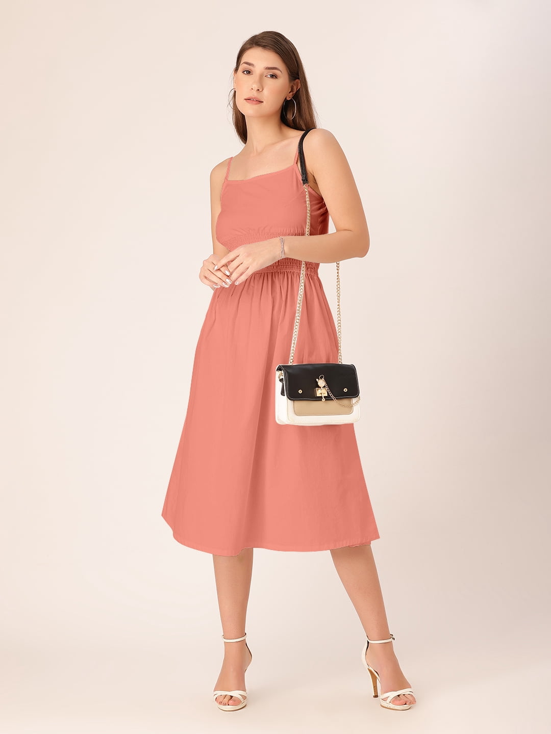 Dressberry Women's Solid Cotton Poplin Strap Shoulders Dress Sleeveless Calf Length Smocked Front Flared Hem Casual Summer Wear Midi Length Light
