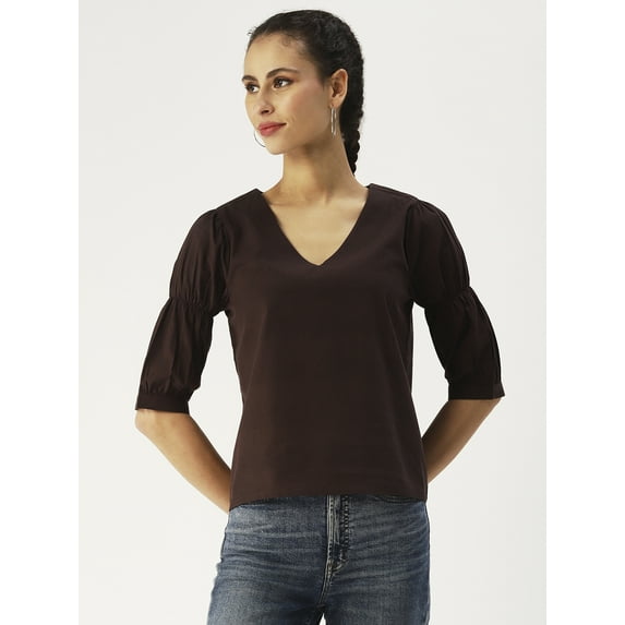 DressBerry Women’s Solid Cotton Poplin Top V Neck Flared Elbow Sleeves Waist Length Regular Wear Light Weighted Casual Summer Blouse