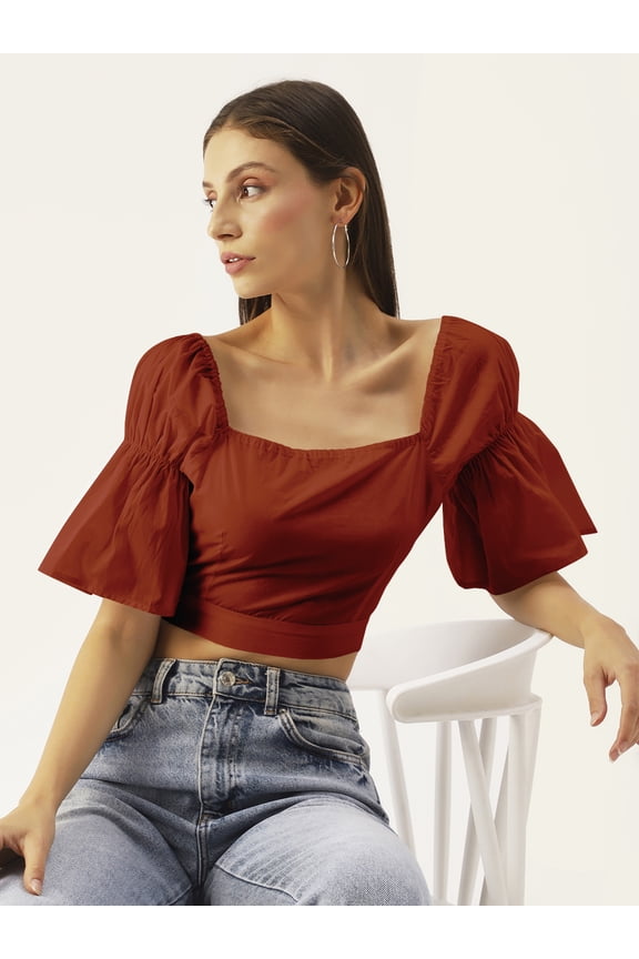 Women's Solid Cotton Semi Puffed Ruffled Elbow Sleeves Cropped Top High Waist Square Neck Casual Summer Wear Short Top