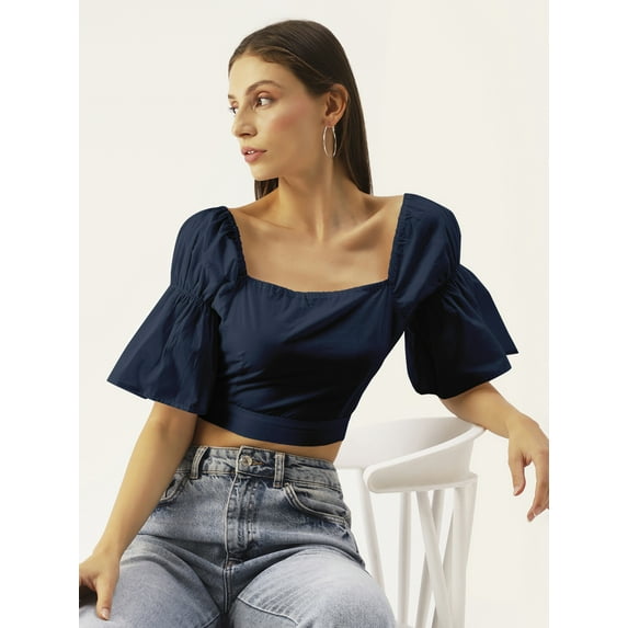 DressBerry Women's Solid Cotton Semi Puffed Ruffled Elbow Sleeves Cropped Top High Waist Square Neck Casual Summer Wear Short Top