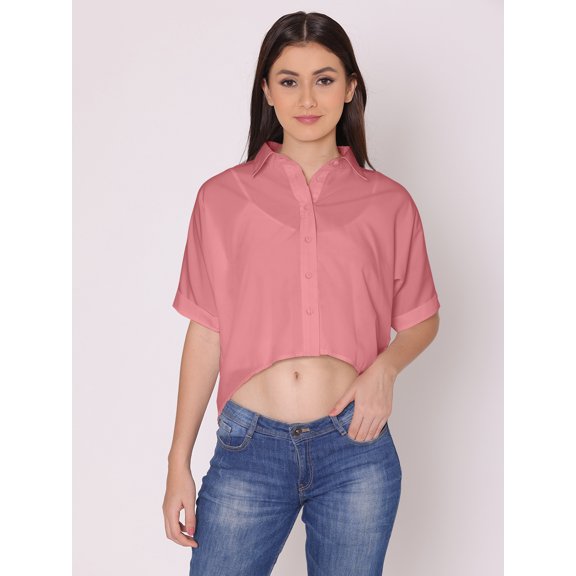 DressBerry Women's Solid Crop Shirt Short Sleeves Buttoned Comfy Summer Collared Sheer Mesh High Rise Short Top