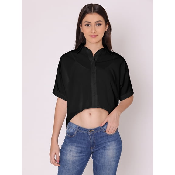 DressBerry Women's Solid Crop Shirt Short Sleeves Buttoned Comfy Summer Collared Sheer Mesh High Rise Short Top