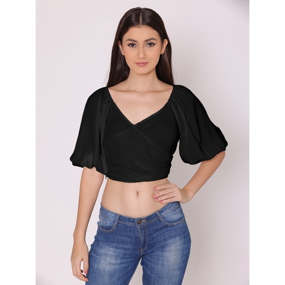 DressBerry Women's Solid Crop Top Blouse Elbow Length Balloon Sleeves Broad V Neck Casual Summer High Rise Short Slip On