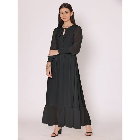 DressBerry Women's Solid Floor Length Georgette Dress Puff Sleeves Tiered Summer Wear Flared Maxi Dress