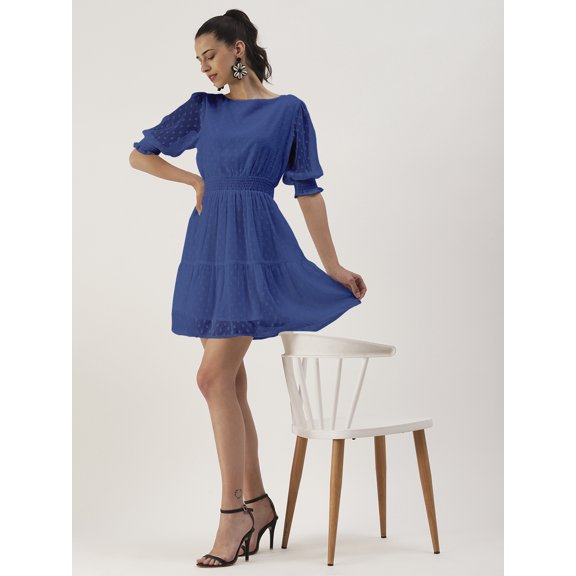 DressBerry Women’s Solid Georgette Boat Neck Long Balloon Sleeves Light Weighted Knee Length Tiered Hem Smocked Waist Casual Summerwear Beachwear Partywear All Purpose One Piece Dress