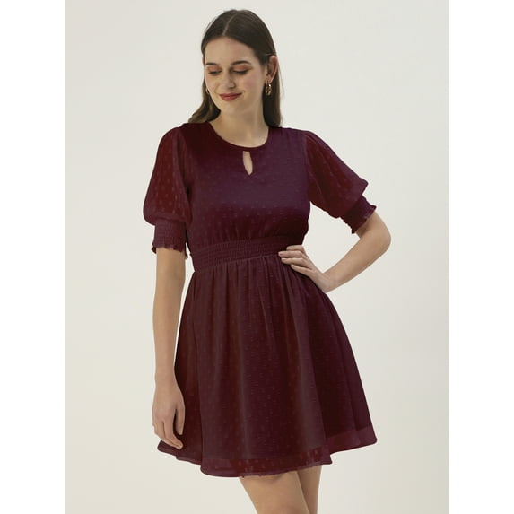 DressBerry Women’s Solid Georgette Round Neck Puffed Elbow Sleeves Knee Length Flared Hem Smocked Waist Light Weighted Casual Summerwear Beachwear Partywear All Purpose One Piece Dress
