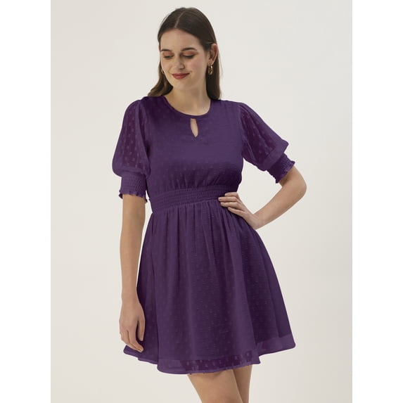 DressBerry Women’s Solid Georgette Round Neck Puffed Elbow Sleeves Knee Length Flared Hem Smocked Waist Light Weighted Casual Summerwear Beachwear Partywear All Purpose One Piece Dress