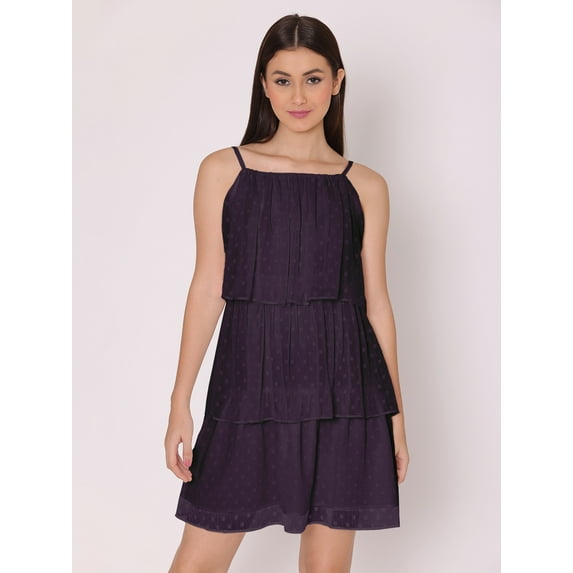 DressBerry Women's Solid Mini Dotted Dress Sleeveless High Rise Cowl Neck Multi Layered Party Wear Strappy Short Dress