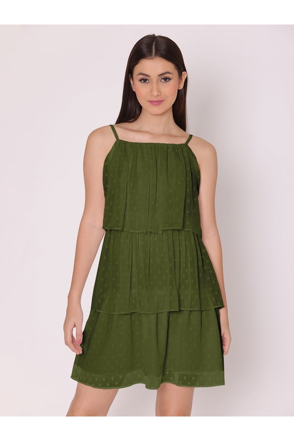 Women's Solid Mini Dotted Dress Sleeveless High Rise Cowl Neck Multi Layered Party Wear Strappy Short Dress