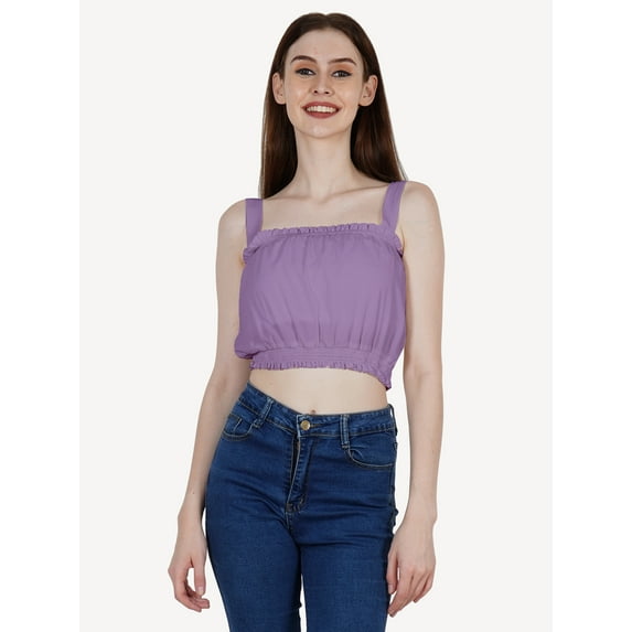 DressBerry Women's Solid Poly Crepe Crop Top Casual Summer Thick Straps Frilled Border Elastic Waist Square Neck Sleeveless Western Style Slip-On Light Weighted High Waist Short Top