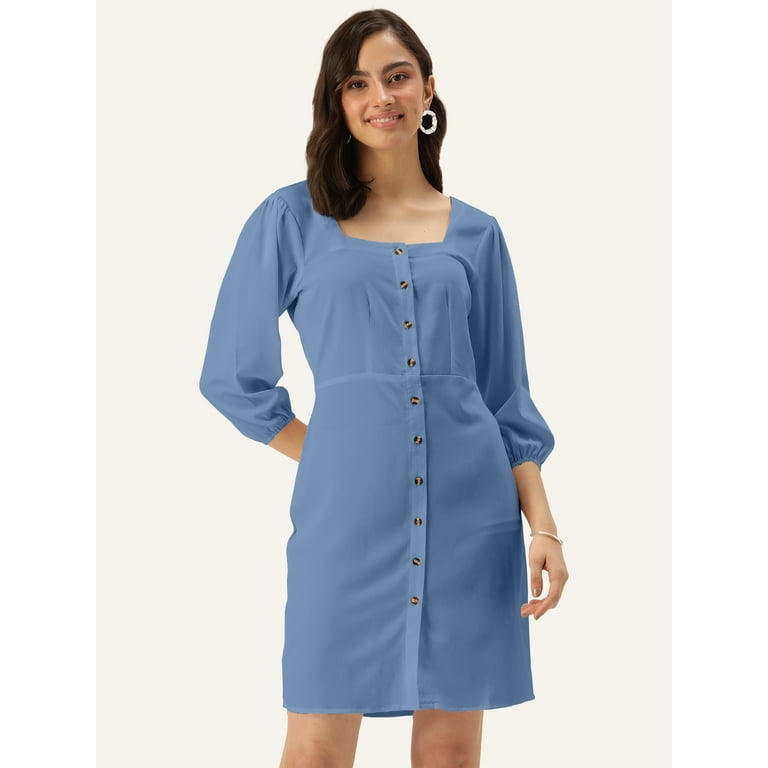 DressBerry Women s Solid Poly Crepe Dress Casual Summer Long Puffed Sleeves Above Knee Length High Waist Square Neck Buttoned Front Western Style