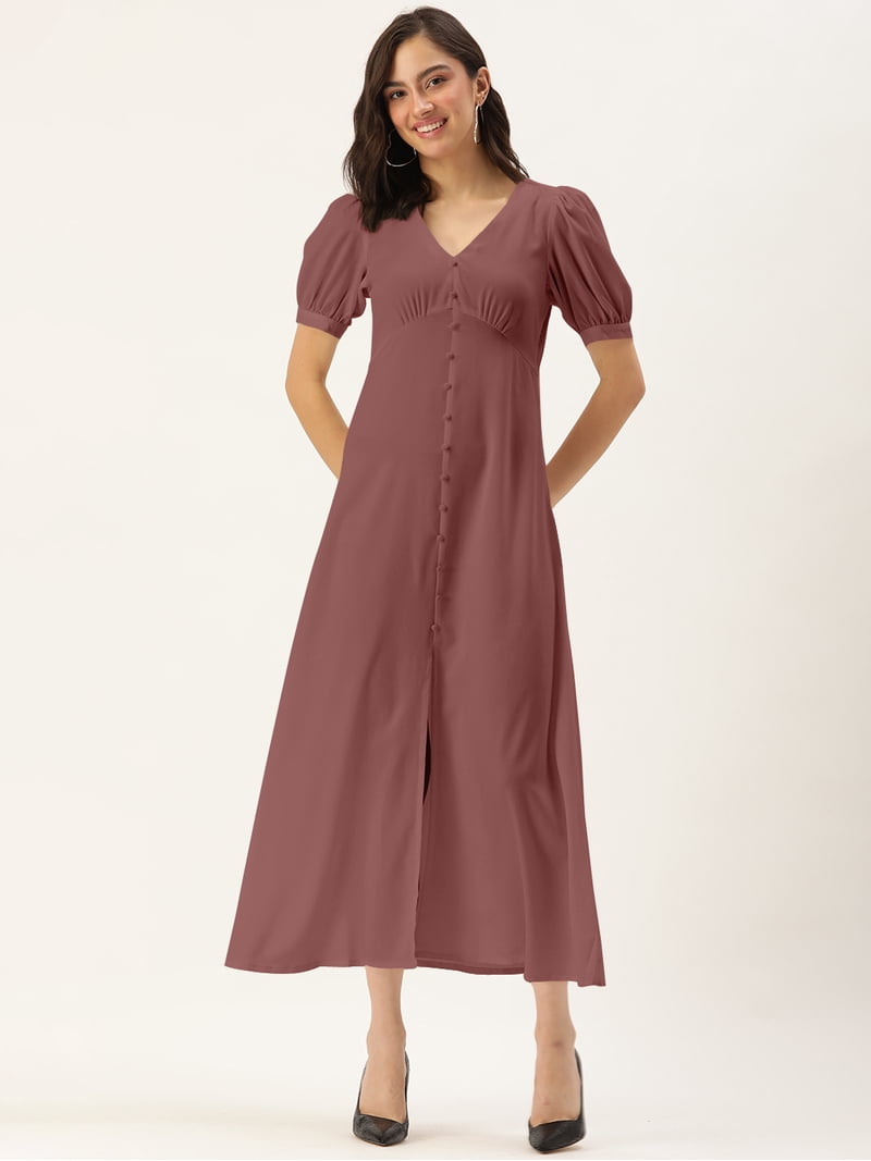 DressBerry Women's Solid Poly Crepe Dress Casual Summer Short Puffed  Sleeves Ankle Length High Waist V Neck Buttoned Front Western Style Light  Weighted All Purpose Long Dress - Walmart.com