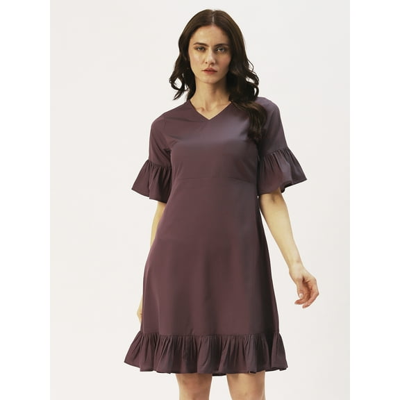 DressBerry Women’s Solid Poly Crepe Dress Ruffled Bottom and Elbow Sleeves Above Knee Length Regular Wear Light Weighted Woven Summer Dress