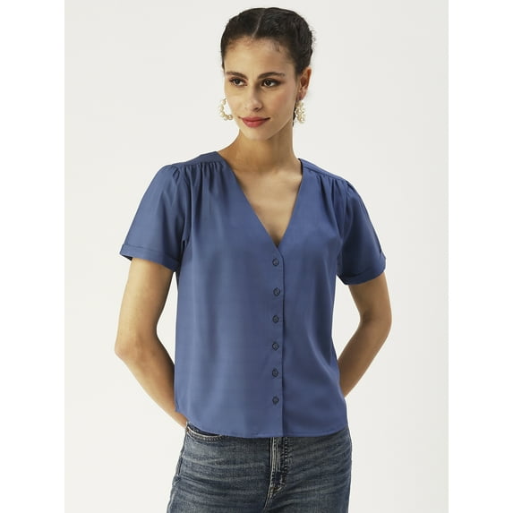 DressBerry Women’s Solid Poly Crepe Top Buttoned Front V Neck Short Sleeves Waist Length Regular Wear Light Weighted Casual Summer Shirt