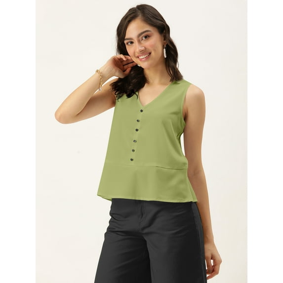 DressBerry Women's Solid Poly Crepe Top Casual Summer Sleeveless V Neck Buttoned Western Style Slip-On Light Weighted Blousetop