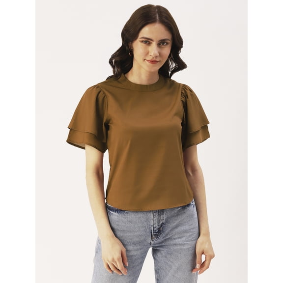 DressBerry Women’s Solid Poly Crepe Top Round Neck Small Ruffle Sleeves Waist Length Regular Wear Light Weighted Casual Summer Top