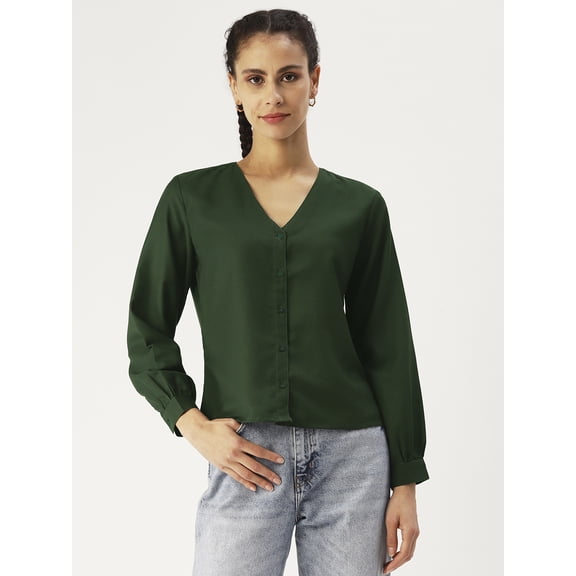 DressBerry Women’s Solid Poly Crepe Top V Neck Buttoned Front Closure Long Balloon Sleeves Waist Length Regular Wear Light Weighted Woven Summer Top