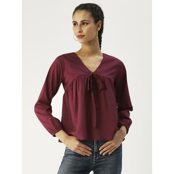 DressBerry Women’s Solid Poly Crepe Top V Neck with Front Bow Tie Long Sleeves Waist Length Regular Wear Light Weighted Casual Summer Top