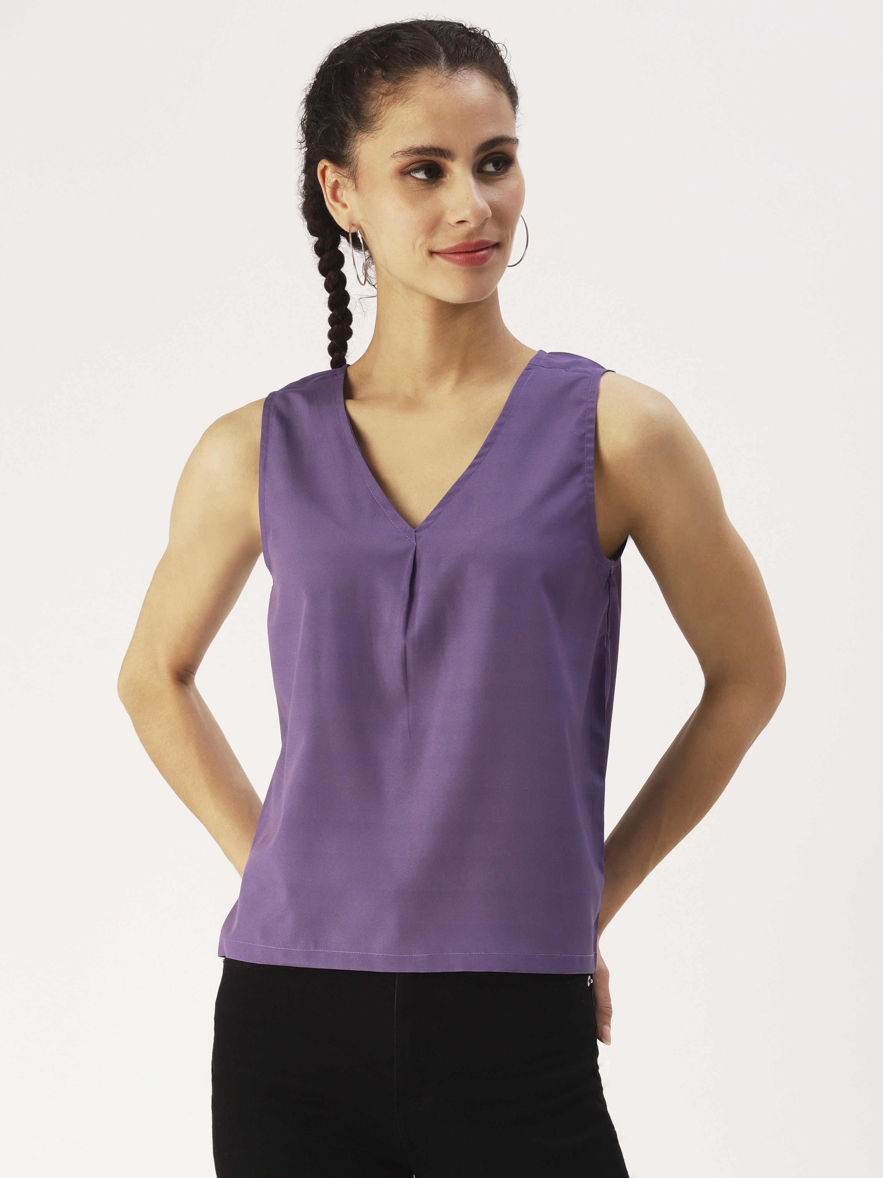 DressBerry Women's Solid Poly Crepe V Neckline Top Light Weighted