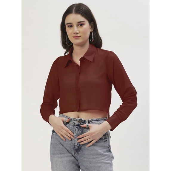 DressBerry Women's Solid Poly Georgette Full Sleeves Collared Neck Top Buttoned Closure High Low Hem Casual Summer Wear Waist Length Regular Shirt