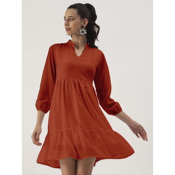 DressBerry Women’s Solid Poly Georgette Mandarin Collar Long Balloon Sleeves Light Weighted Tiered Hem Above Knee Length Casual&nbsp;Summerwear Beachwear Partywear All Purpose One Piece Dress