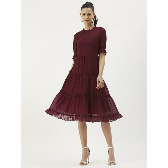 DressBerry Women’s Solid Poly Georgette Round Ruffled Neck 3/4th Sleeves Knee length Tiered Hem Light Weighted Casual Summerwear Beachwear Partywear All Purpose One Piece Dress