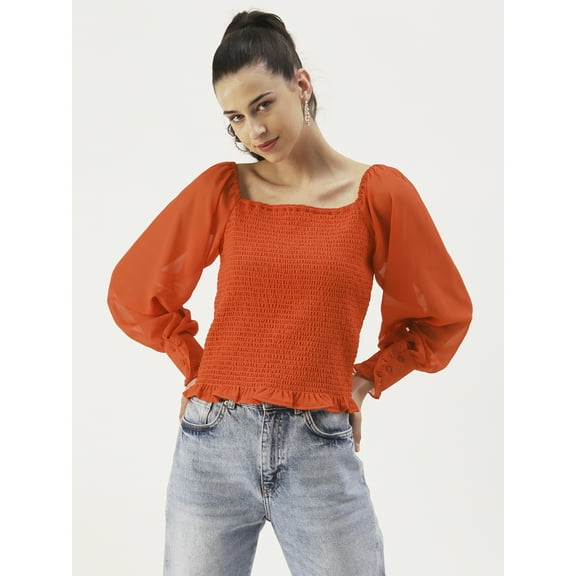 DressBerry Women's Solid Poly Georgette Square Neck Long Balloon Cuffed Sleeves Blouse Smocked Hem Ruffled Border Casual Summer Wear Waist Length Regular Top
