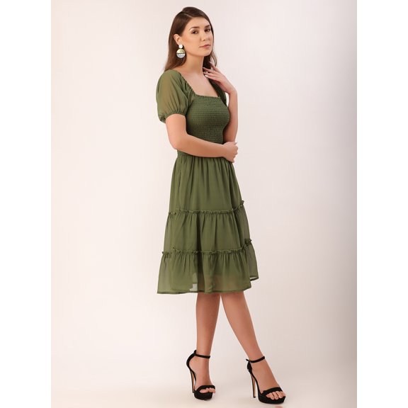 DressBerry Women's Solid Poly Georgette Square Neck Tiered Dress Short Puffed Sleeves Knee Length Smocked Front Casual Summer Wear Midi Length Light Weighted Wavy Party Wear Dress