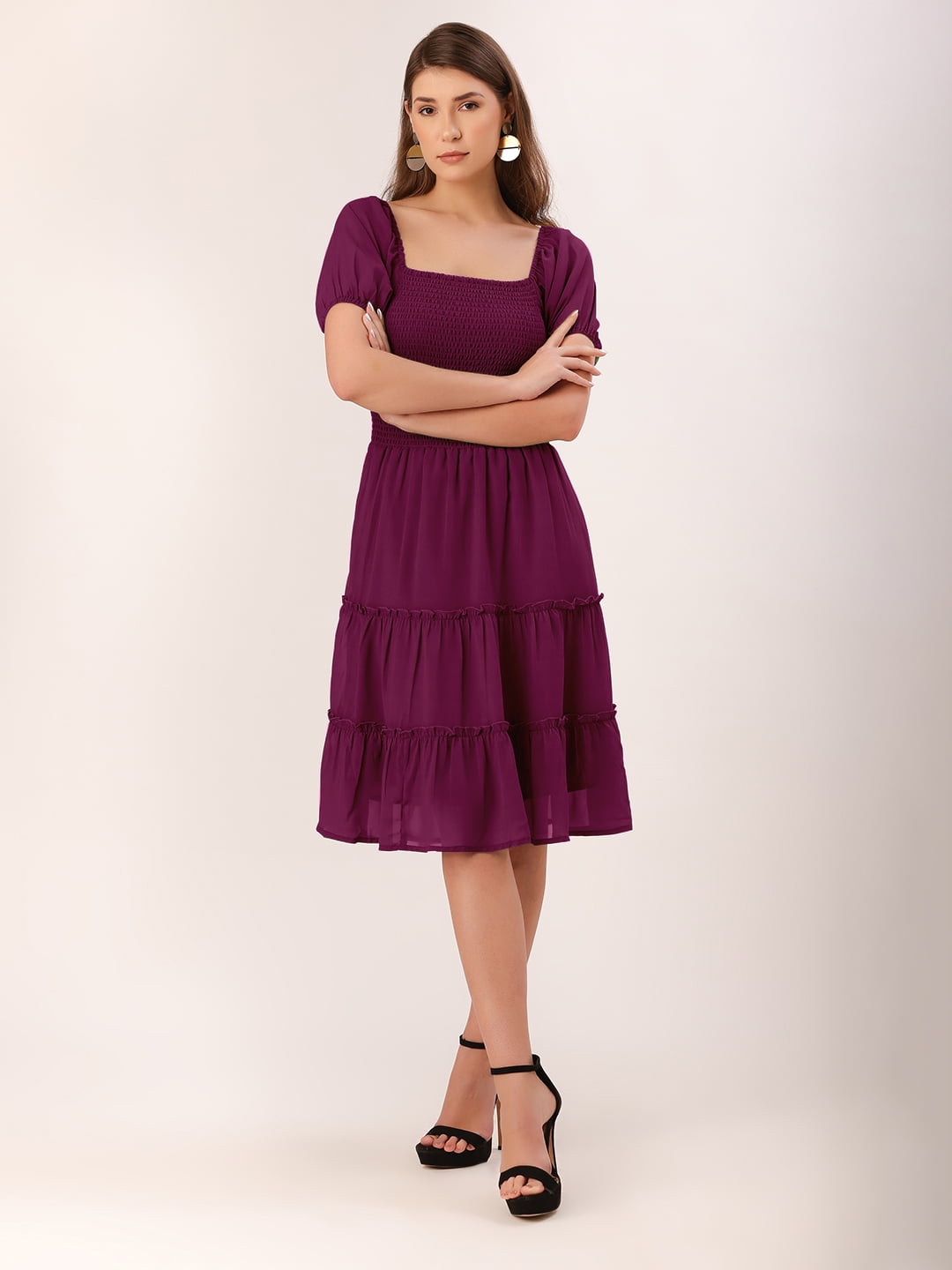 DressBerry Women's Solid Poly Georgette Square Neck Tiered Dress Short ...
