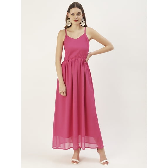 DressBerry Women’s Solid Poly Georgette Strappy Shoulders Smocked Back Light Weighted Ankle Length Flared Hem Casual Summerwear Beachwear Partywear All Purpose One Piece Dress