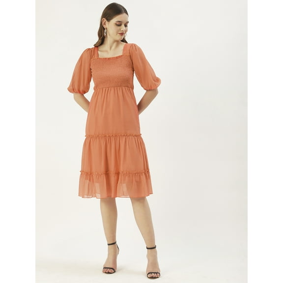 DressBerry Women’s Solid Poly Georgette Sweetheart Neck Puff Elbow Sleeves Calf Length Light Weighted Tiered Hem Casual Summerwear Beachwear Partywear All Purpose One Piece Dress