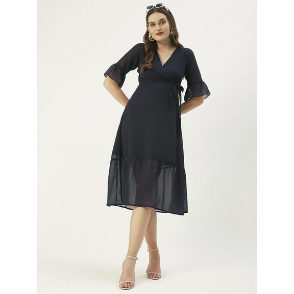 DressBerry Women’s Solid Poly Georgette V Neck 3/4th Bell Sleeves Calf Length Flared Hem Light Weighted Casual Summerwear Beachwear Partywear All Purpose One Piece Dress