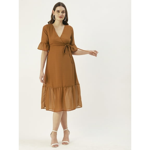 DressBerry Women’s Solid Poly Georgette V Neck 3/4th Bell Sleeves Calf Length Flared Hem Light Weighted Casual Summerwear Beachwear Partywear All Purpose One Piece Dress