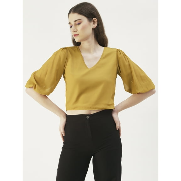 DressBerry Women's Solid Poly Georgette V Neck Puffed 3/4th Sleeves Crop Blouse Regular Use Casual&nbsp;Summer Wear Above Waist Length Regular Short Top
