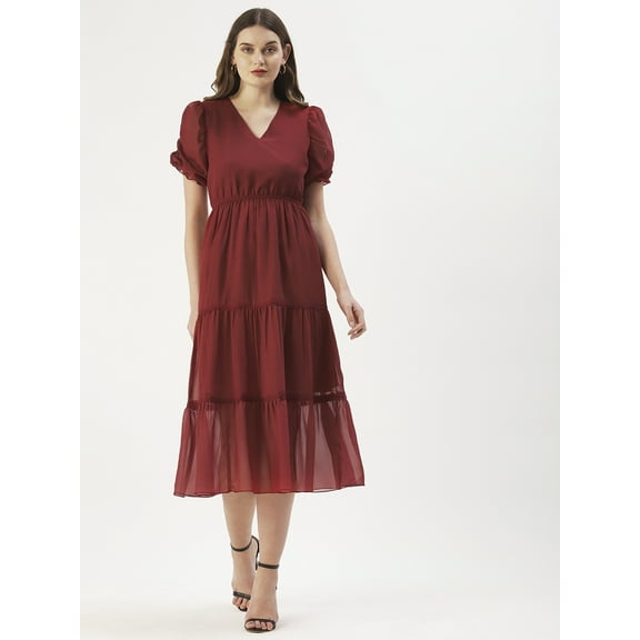 DressBerry Women’s Solid Poly Georgette V Neck Ruched Puff Elbow Sleeves Calf Length Tiered Hem Light Weighted Casual Summerwear Beachwear Partywear All Purpose One Piece Dress