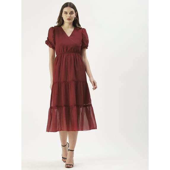 DressBerry Women’s Solid Poly Georgette V Neck Ruched Puff Elbow Sleeves Calf Length Tiered Hem Light Weighted Casual Summerwear Beachwear Partywear All Purpose One Piece Dress