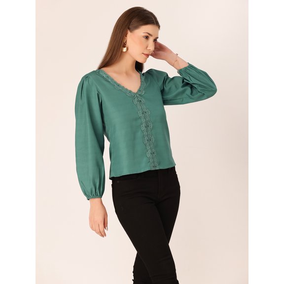 DressBerry Women's Solid Poly Rayon Deep V Neck Long Balloon Sleeves Top Laced Front Button Closure Casual Summer Wear High Waist Length Loose Fitted Party Wear Blouse