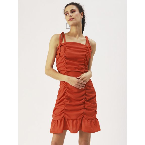 DressBerry Women’s Solid Poly Rayon Dress Square Neck with Adjustable Drawstrings Sleeveless Thigh Length Regular Wear Light Weighted Woven Ruffled Short Dress