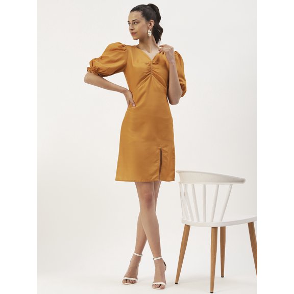 DressBerry Women’s Solid Poly Rayon Dress Sweetheart Neck Short Puffed Sleeves Smocked Knee Length Single Side Slit Regular Wear Light Weighted Casual Summer Dress