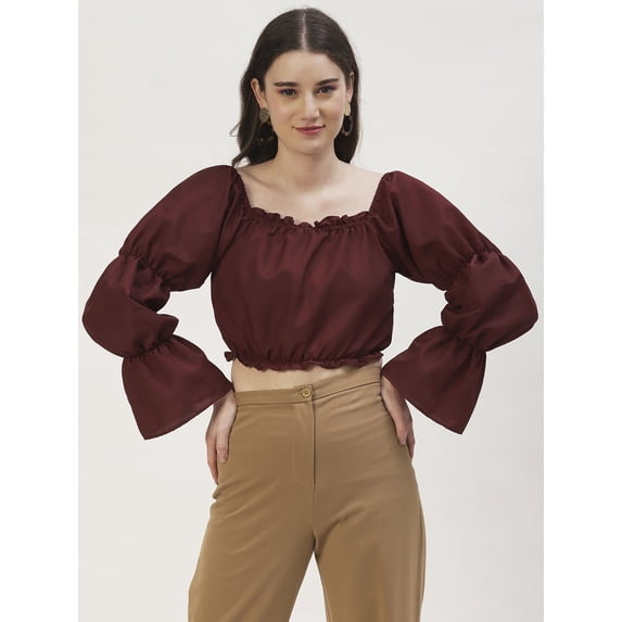 DressBerry Women's Solid Poly Rayon Square Neck Ruffled Border Cropped Blouse Long Balloon Sleeves Casual Summer Wear Above Waist Length Regular Short Top