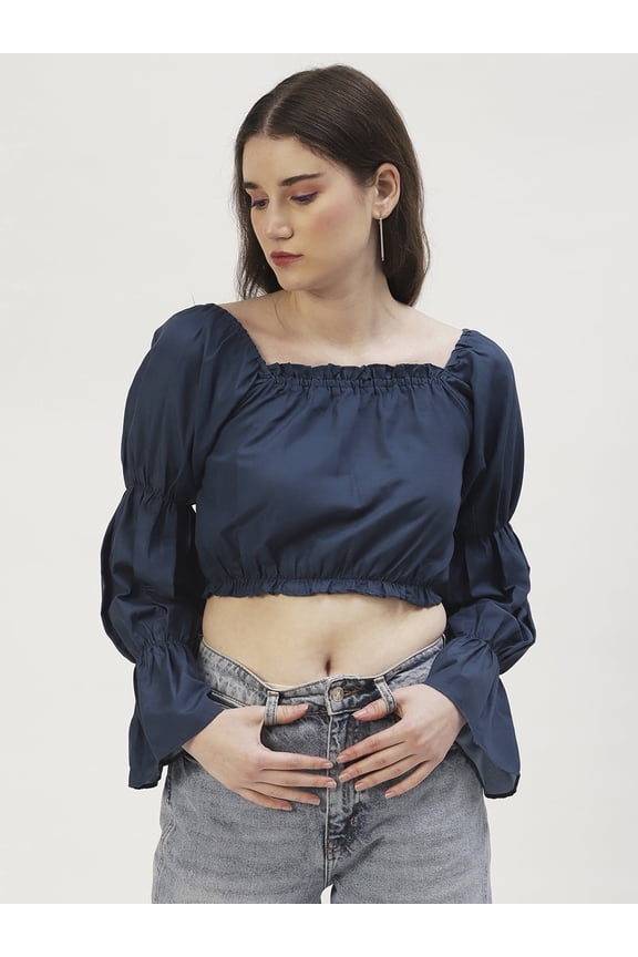 Women's Solid Poly Rayon Square Neck Ruffled Border Cropped Blouse Long Balloon Sleeves Casual Summer Wear Above Waist Length Regular Short Top