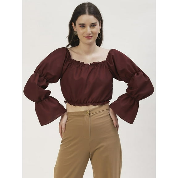 DressBerry Women's Solid Poly Rayon Square Neck Ruffled Border Cropped Blouse Long Balloon Sleeves Casual Summer Wear Above Waist Length Regular Short Top