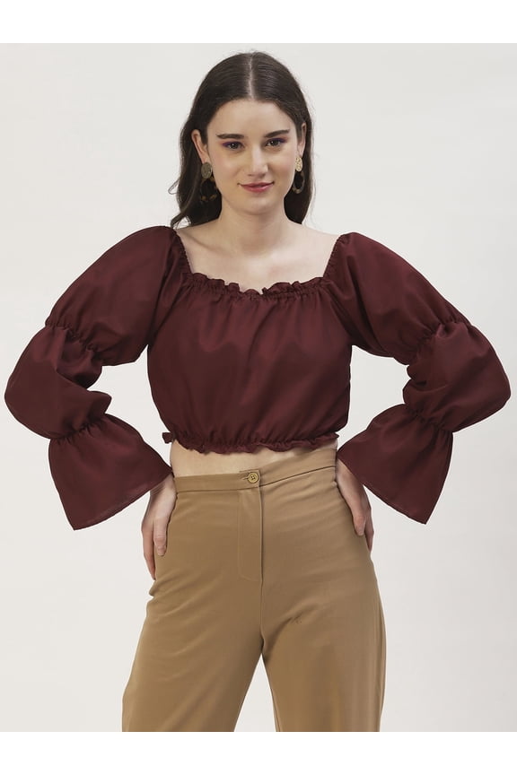 Women's Solid Poly Rayon Square Neck Ruffled Border Cropped Blouse Long Balloon Sleeves Casual Summer Wear Above Waist Length Regular Short Top