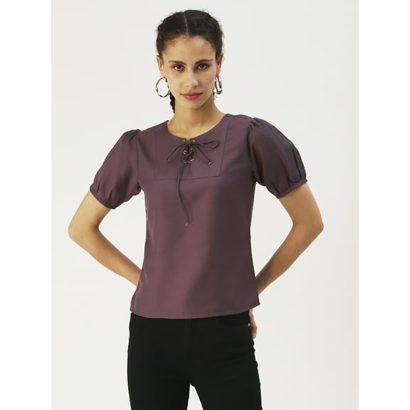 DressBerry Women’s Solid Poly Crepe Top Keyhole Neck with Drawstrings Short Puffed Sleeves Waist Length Regular Wear Light Weighted Casual Summer Top