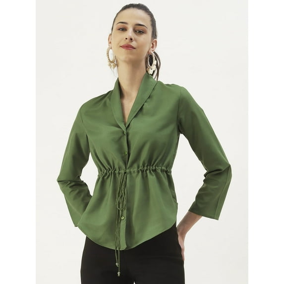 DressBerry Women's Solid Poly Rayon V Neck Top Clinched Waist Long Sleeves with Waist Tie-Ups High Low Hem Casual Summer Wear Waist Length Regular Top