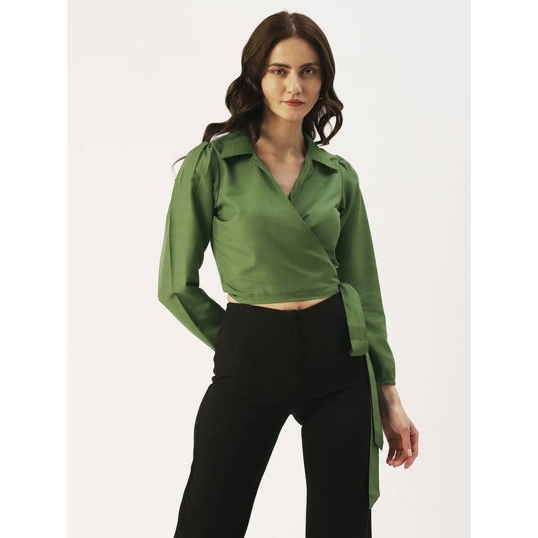 DressBerry Women s Solid Poly Rayon Wrap Crop Top Shirt Collared Neck Long Sleeves High Waist Regular Wear Light Weighted Casual Summer Top Walmart